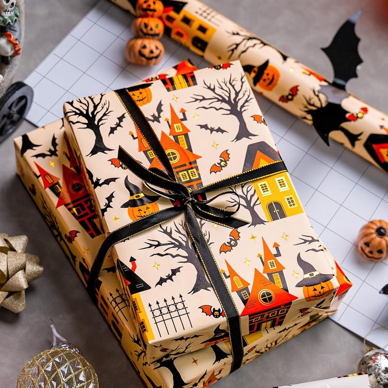 Yarcony Halloween Wrapping Paper Roll - 17 Inch X 33 Feet - Metallic Foil Classic Orange Haunted House, Pumpkin and Bat Pattern Gift Wrap Paper Sheet for Halloween's Day, Holiday Decorations, Birthday - Image 3